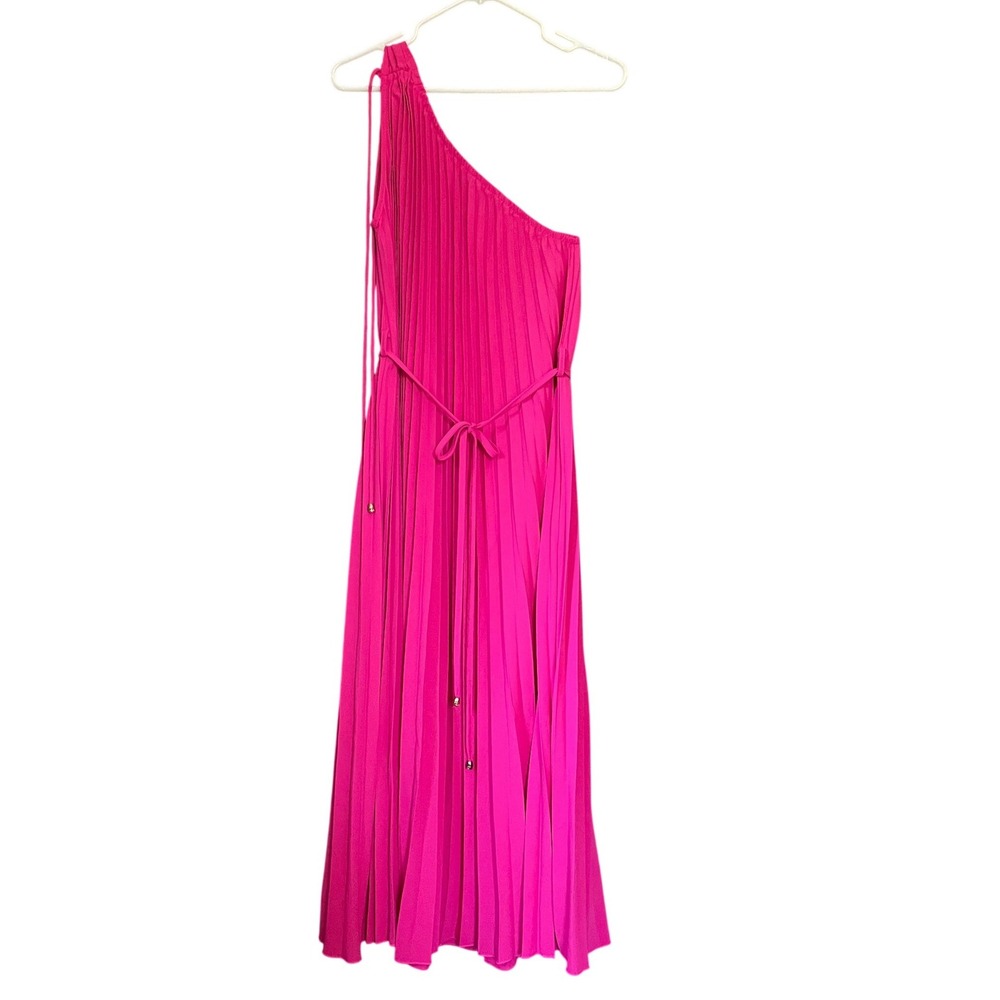 BTFBM Womens Hot Pink One Shoulder Pleated Maxi Dress Belted Size L NEW Formal - Picture 2 of 7